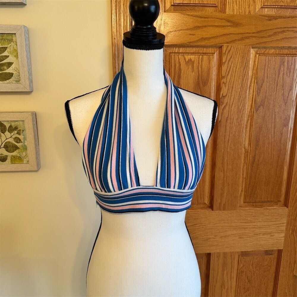 SHEIN Crop Tank Top Womens Size M Blue Pink White Striped Halter Tie Back